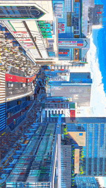 an aerial view of a city street with a sign that says ' tokyo '