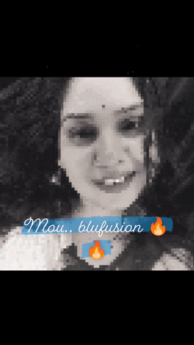 a pixelated image of a woman 's face with the words now blufusion below her