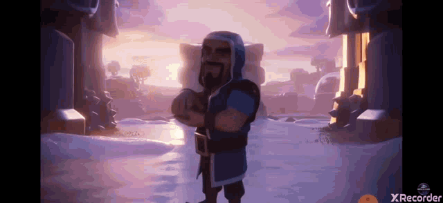 a cartoon character is standing in a snowy field holding a sword .