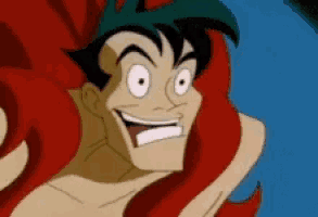 a shirtless cartoon character with red hair is smiling