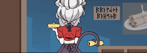 a cartoon drawing of a girl holding a tray of food with a sign that says " bbp + bh + b "