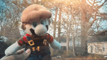 a person is holding a stuffed mario in front of a forest