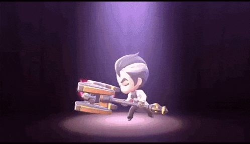 a cartoon character is holding a giant axe in a spotlight .