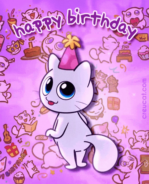 a birthday card with a cat wearing a party hat