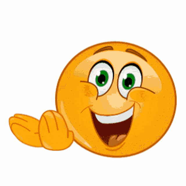 a cartoon smiley face with green eyes is smiling and giving a thumbs up