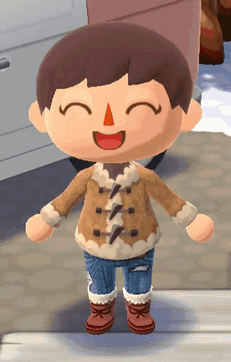 a cartoon character with a red nose is wearing a brown jacket and blue jeans