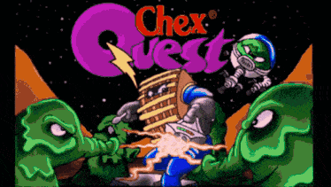 a video game called chex quest is being played on a black screen