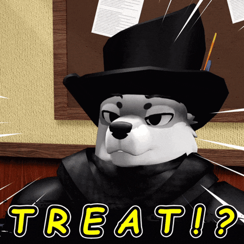 a cartoon of a wolf wearing a top hat and the words treat