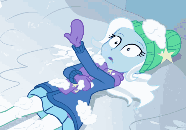 a cartoon character is laying in the snow wearing a green hat and mittens