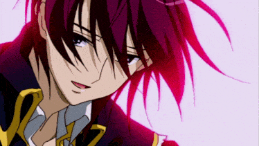 a close up of a purple haired anime character