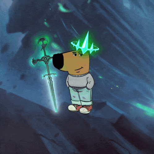 a cartoon dog is holding a sword with a crown on his head