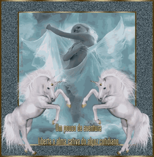a picture of two unicorns and a woman with the words um pouco de aventura