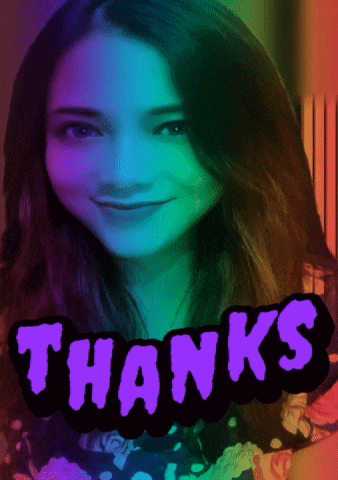 a girl with a rainbow background and the word thanks