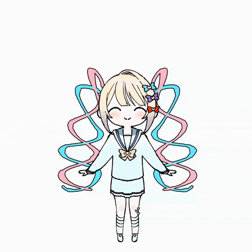 a drawing of a girl with wings and ribbons around her head