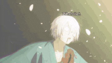 a cartoon character with white hair and a blue shirt is surrounded by petals and says zibstoilet .