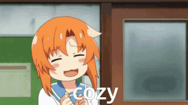 a girl with orange hair is smiling and the word cozy is on the bottom right