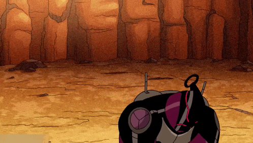 a cartoon drawing of a robot with a purple circle on it