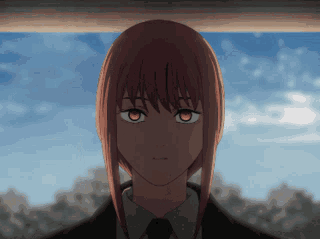 a close up of a anime character with red hair