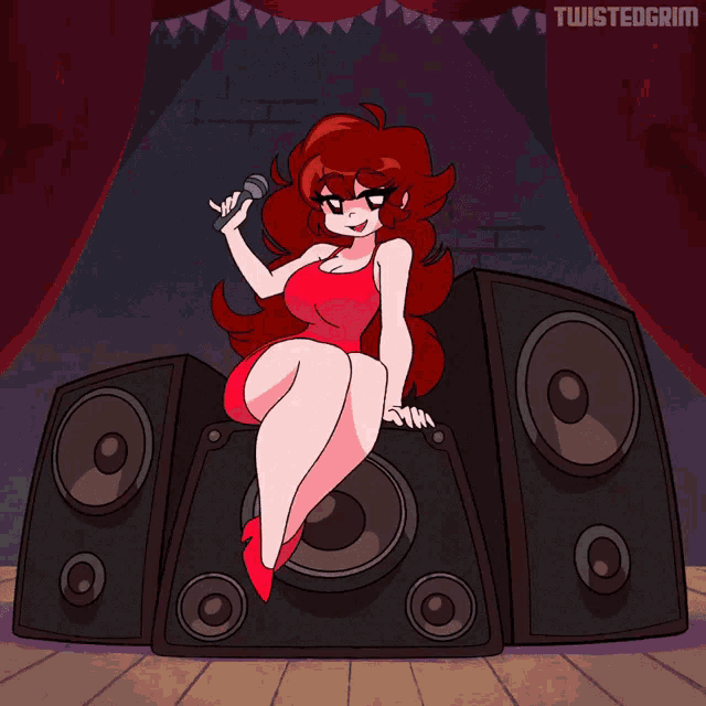 a cartoon drawing of a woman singing into a microphone with the name twistedgrim on the bottom