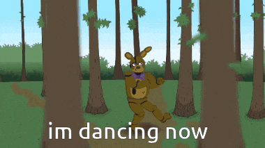a cartoon of a bunny rabbit in a forest with the words im dancing now