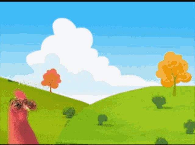 a cartoon of a chicken standing in a grassy field with trees in the background