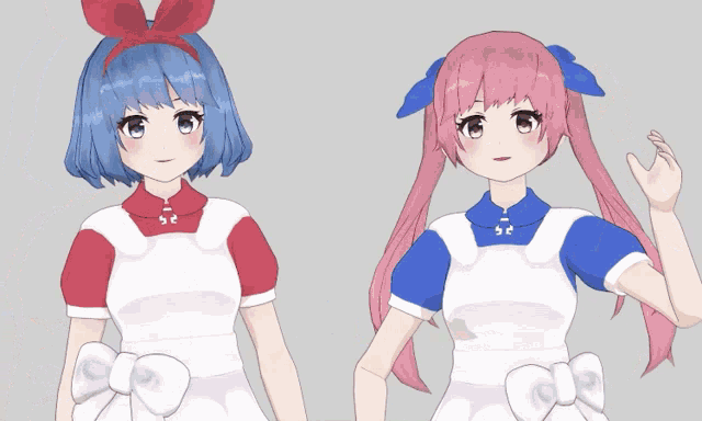 two anime girls are standing next to each other in front of a sign that says ' blue screen ' on it