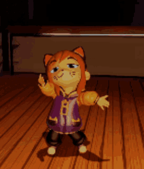 a pixel art drawing of a cat girl dancing on a wood floor