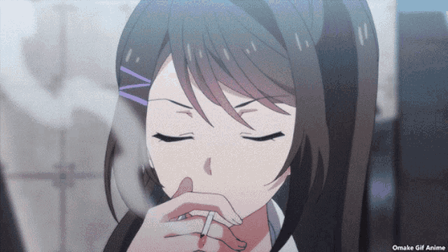 a girl is smoking a cigarette with the words omake gif anime written below her