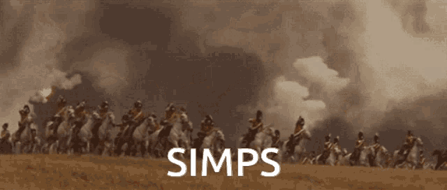 a blurred image of soldiers on horses with the word simps in white
