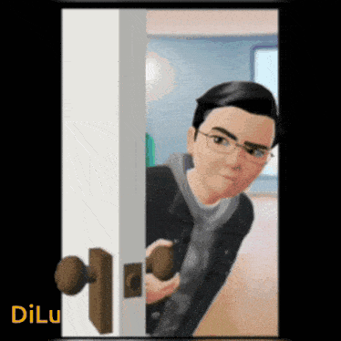 a cartoon of a man peeking out of a door with the word dilu below him