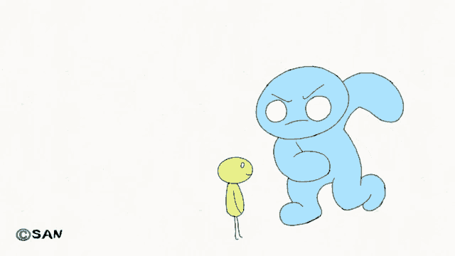 a blue cartoon character kicking a yellow cartoon character with san written on the bottom right
