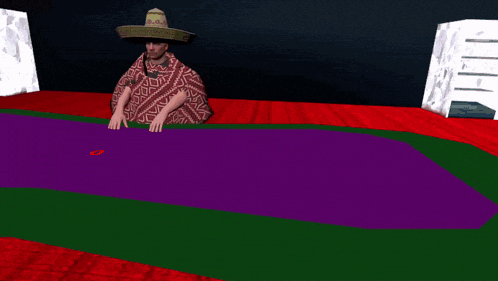 a man in a sombrero sits at a table with a purple table cloth