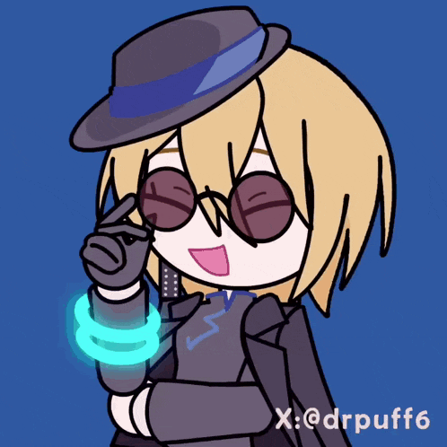 a cartoon of a man wearing a hat and sunglasses with x @ drpuff6 written below him