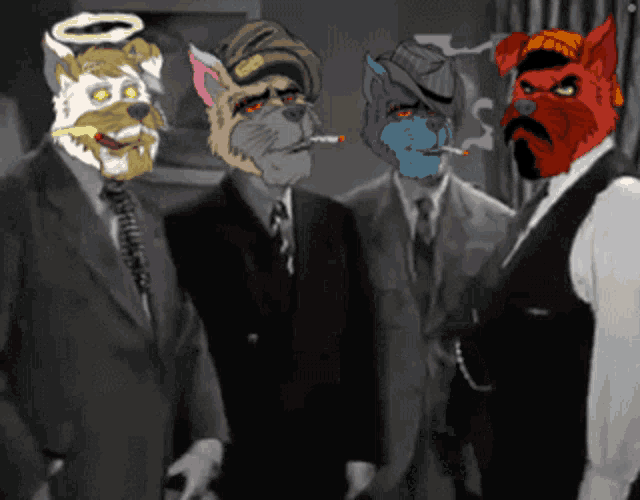 a group of men with animals on their faces smoking