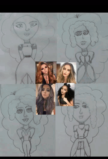 a drawing of a woman with curly hair is surrounded by other drawings of women