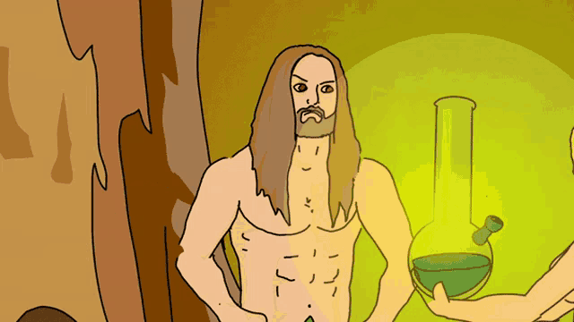a man with long hair and a beard is standing next to a bong