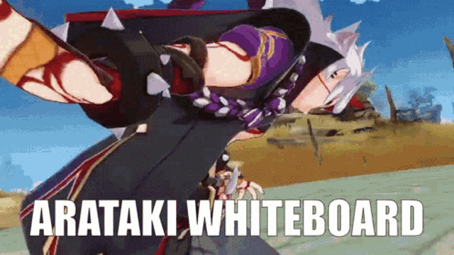 a cartoon character is holding a sword and says " arataki whiteboard "