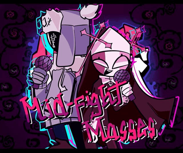 a cartoon of a nun holding a microphone with the words mad fight musser written on it