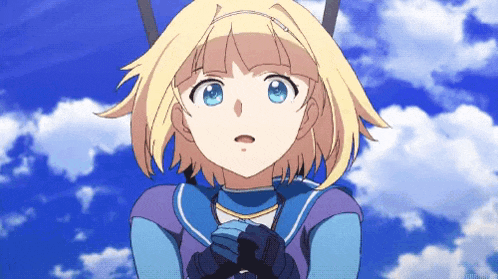 a girl with blonde hair and blue eyes is standing in front of a blue sky .