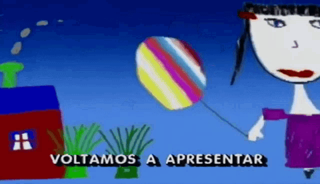 a child 's drawing of a girl holding a colorful balloon with the words voltamos a apresentar below her