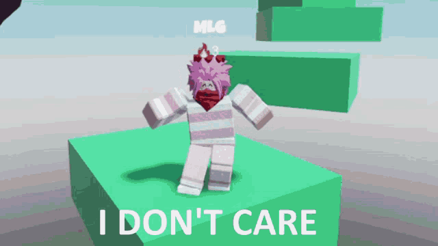 a cartoon character says i don 't care on a green cube