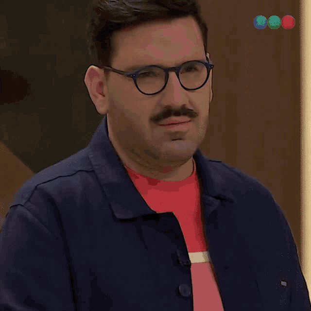 a man with glasses and a mustache is wearing a blue jacket and a red shirt