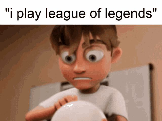 a cartoon boy is holding a white ball with the words " i play league of legends " written above him