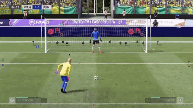 a soccer game is being played with a score of 1-0