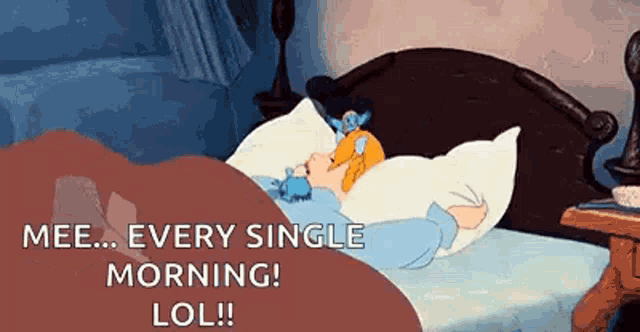 a cartoon of a girl sleeping on a bed with the words `` mee ... every single morning ! lol ! ''