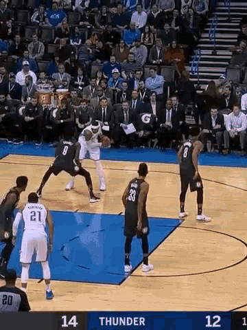 a basketball game is being played between the thunder and the nets .