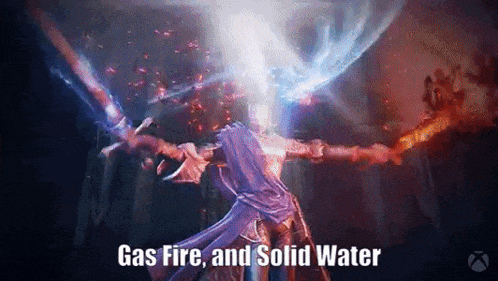 a video game character is surrounded by fire and water with the words gas fire and solid water .