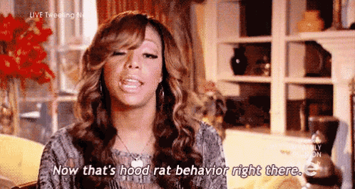 a woman is sitting on a couch in a living room talking about a hood rat behavior .