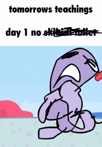 a cartoon of a purple monster with the words " tomorrows teachings day 1 no skill troll "