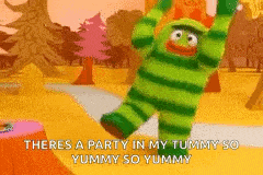 there is a party in my tummy so yummy so yummy written on a cartoon character .